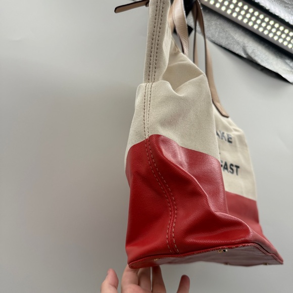 Kate Spade Eat Cake For Breakfast Canvas Tote Bag Red White Leather Trim - Picture 4 of 15